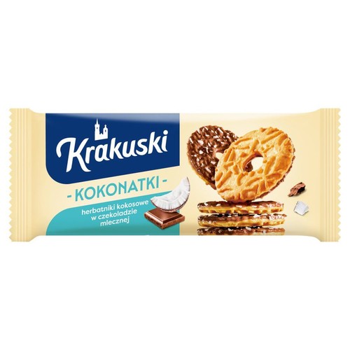 Krakuski Kokonatki, herbatniki kokosowe w czekoladzie mlecznej. Opakowanie z grafiką ciastek i składników.