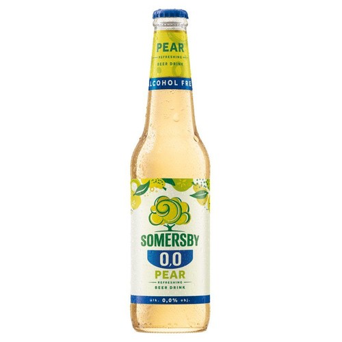 Somersby 0.0 Pear, bezalkoholowy napój piwny w przezroczystej butelce z niebieską zakrętką. Etykieta przedstawia stylizowane gruszki i liście na białym tle. Produkt jest opisany jako orzeźwiający napój piwny.