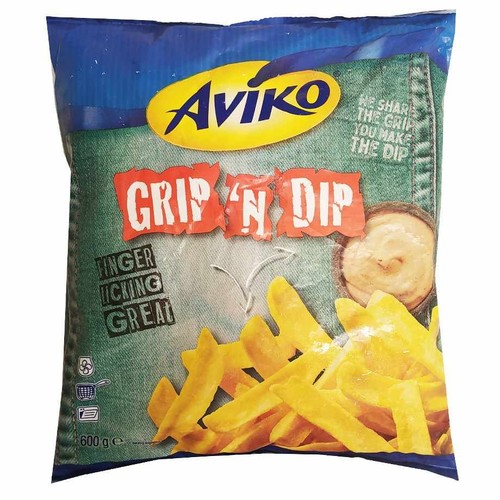 Opakowanie frytek Aviko Grip 'N Dip, 600g. Frytki mają kształt ułatwiający nabieranie sosu.