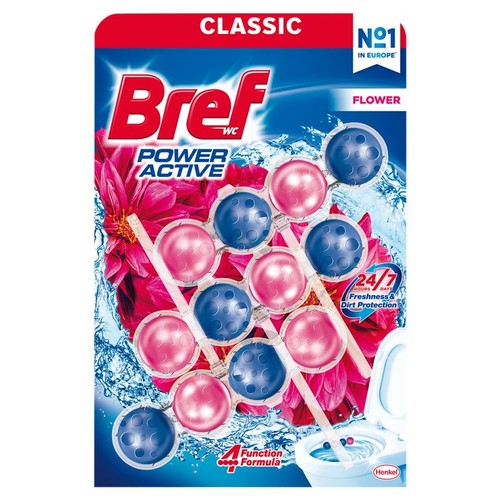 Bref WC Power Active Classic Flower, zawieszka do toalety. Opakowanie przedstawia 12 kuleczek w kolorach niebieskim i różowym, ułożonych w rzędach. W tle woda i różowy kwiat. Produkt z formułą 4 funkcji, numer 1 w Europie.