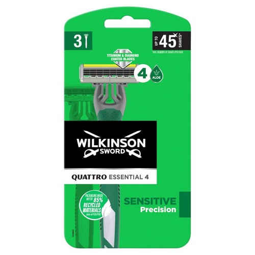 Opakowanie 3 wkładów Wilkinson Sword Quattro Essential 4 z ostrzami tytanowo-diamentowymi i paskiem z aloesem.