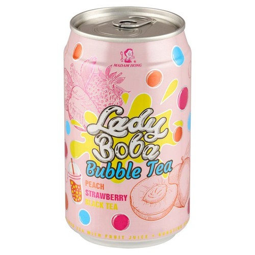 Puszka napoju Madam Hong Lady Boba Bubble Tea z grafikami truskawek i brzoskwiń. Smaki: brzoskwinia, truskawka, czarna herbata.