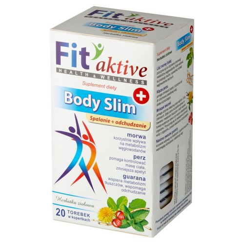 Opakowanie herbatki ziołowej Fit aktive Body Slim. Suplement diety wspierający spalanie i odchudzanie. 20 torebek.