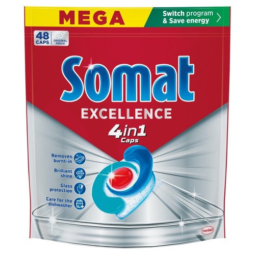 Opakowanie Somat Excellence 4in1 Caps, 48 kapsułek. Produkt do zmywarek, zapewnia lśniące naczynia i ochronę.