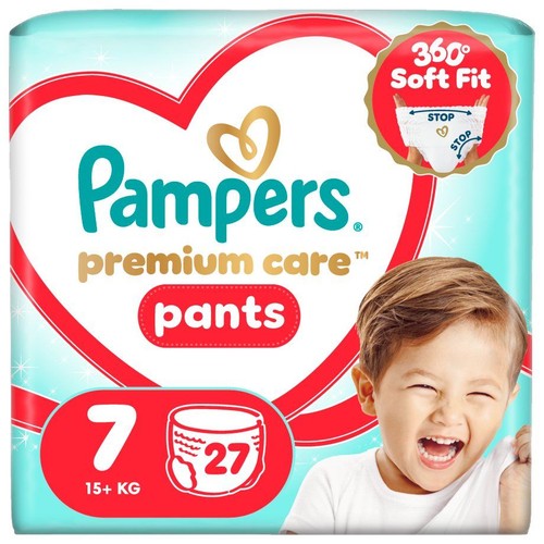 Pieluchomajtki Pampers Premium Care Pants, rozmiar 7, 27 sztuk. Opakowanie z grafiką uśmiechniętego dziecka.