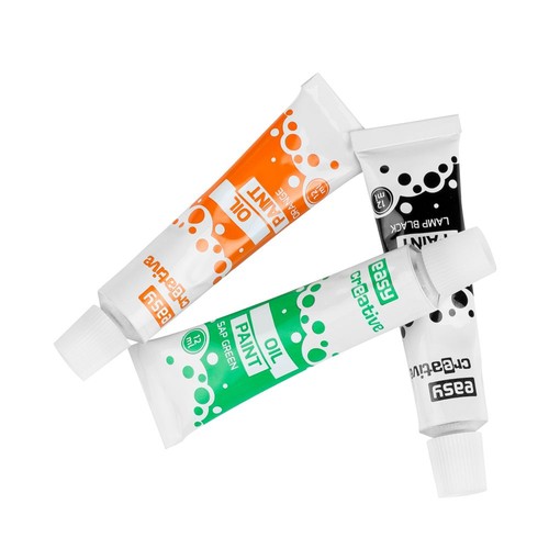 Tubki farb olejnych Easy Creative w trzech kolorach: pomarańczowym, zielonym (zieleń szmaragdowa) i czarnym (czerń lampowa). Każda tubka zawiera 12 ml farby i ma białą zakrętkę. Produkty są ułożone na białym tle.