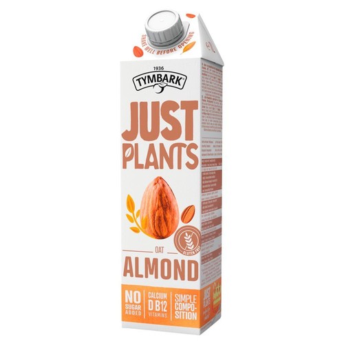 Opakowanie napoju Tymbark Just Plants Oat Almond. Biały karton z grafiką migdałów i owsa. Produkt bez dodatku cukru, wzbogacony w wapń, witaminy D i B12. Oznaczony jako bezglutenowy i o prostym składzie. Na górze biała zakrętka.