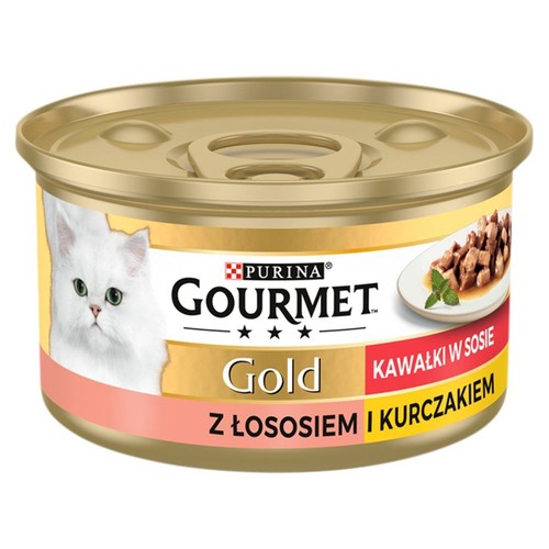 Złota puszka karmy dla kota Purina Gourmet Gold. Kawałki z łososiem i kurczakiem w sosie. Na etykiecie kot.