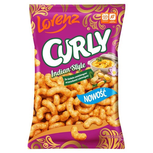 Opakowanie chrupek Lorenz Curly Indian Style, z widocznymi orzeszkowymi chrupkami i informacją "Ze świeżo zmielonymi orzeszkami ziemnymi".