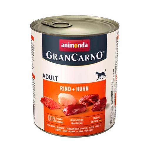 Karma Animonda GranCarno Adult w puszce, smak wołowina z kurczakiem. Etykieta z grafiką surowego mięsa, informacją o 100% świeżych składnikach, bez zbóż i glutenu.
