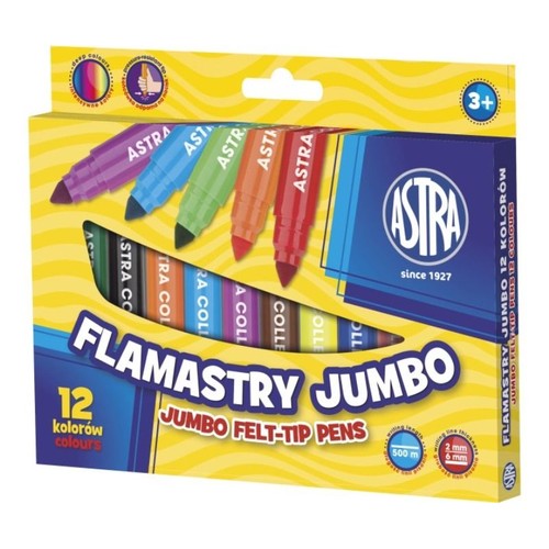 ASTRA Flamastry Jumbo, zestaw 12 kolorowych pisaków. Odporne na wysychanie, łatwo zmywalne. Dla dzieci 3+.