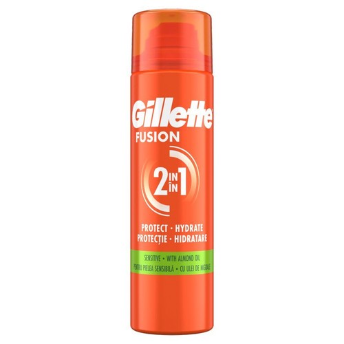 Gillette Fusion 2 w 1, pianka do golenia dla skóry wrażliwej. Pomarańczowa butelka z olejkiem migdałowym, chroni i nawilża.
