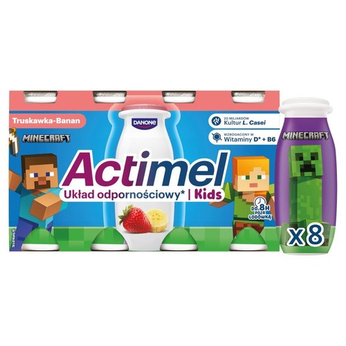 Actimel Kids Minecraft, 8 butelek. Smak truskawka-banan. Zawiera 20 miliardów kultur L. Casei i witaminy D+B6.