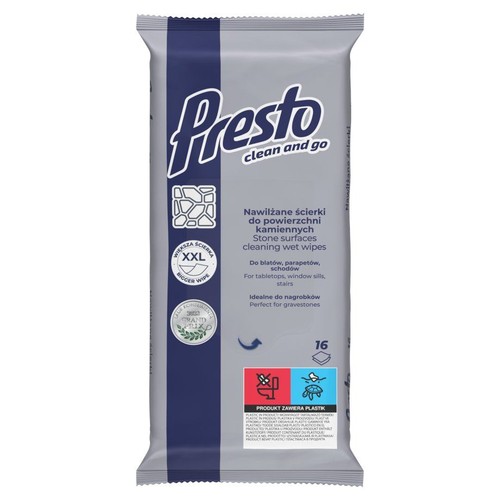 Opakowanie Presto clean and go, 16 nawilżanych ścierek XXL do czyszczenia kamienia. Do blatów, parapetów, schodów.