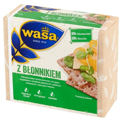 Pieczywo chrupkie Wasa Z Błonnikiem, 230g, w beżowo-zielonym opakowaniu. Zawiera otręby pszenne, płatki owsiane i sezam.