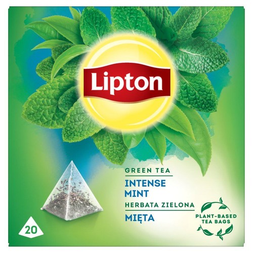 Opakowanie herbaty Lipton Green Tea Intense Mint. Zielone tło z liśćmi mięty i herbaty. Widoczna jedna torebka herbaty. 20 torebek.
