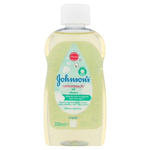 Oliwka Johnson's cottontouch dla noworodków w butelce 200 ml. Na jasnozielonej etykiecie widnieje informacja "Klinicznie udowodniona łagodność". Oliwka szybko się wchłania i skutecznie chroni delikatną skórę dziecka.