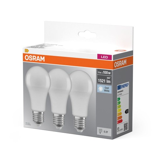 Trzy OSRAM LED żarówki E27, 13W (odpowiednik 100W), 1521 lm, zimna biel. Opakowanie kartonowe.