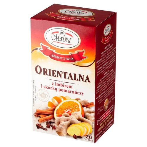 Opakowanie herbaty Malwa Orientalna, bezkofeinowa, z imbirem i pomarańczą. Zawiera 20 torebek.