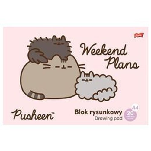 Różowy blok rysunkowy A4 z 20 kartkami, idealny do rysowania. Okładka ozdobiona jest uroczymi kotami Pusheen: dużym szarym, małym ciemnoszarym śpiącym na nim i puszystym obok. Widnieje na niej również napis "Weekend Plans".