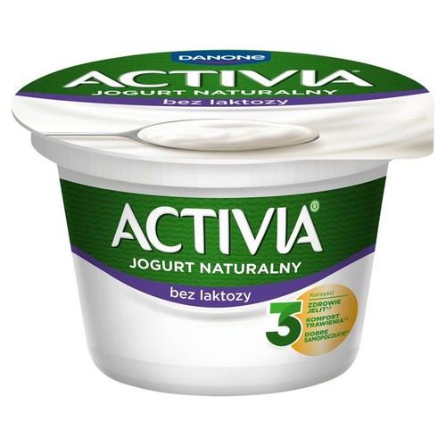 Biały kubek jogurtu Activia Naturalny bez laktozy. Etykieta z logo Activia i informacją o 3 korzyściach dla jelit.