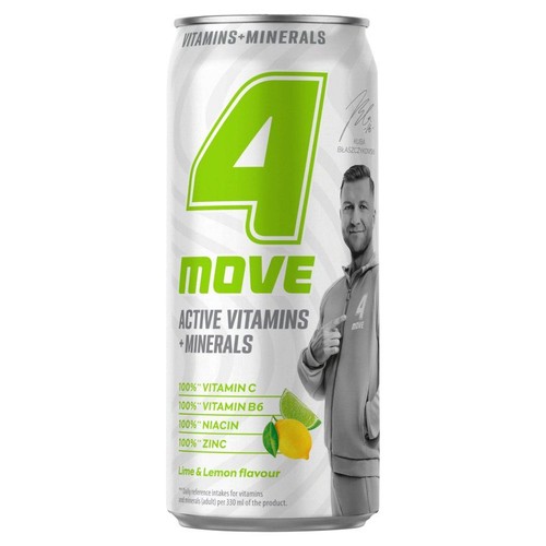 Biała puszka 4MOVE Active Vitamins + Minerals, 330 ml, smak limonki i cytryny. Z wizerunkiem Kuby Błaszczykowskiego.