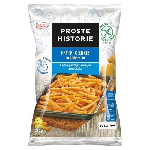 Opakowanie frytek cienkich Iglotex, 750g. Produkt polskiej marki Proste Historie. Na opakowaniu widoczne są gotowe frytki w naczyniu do pieczenia.