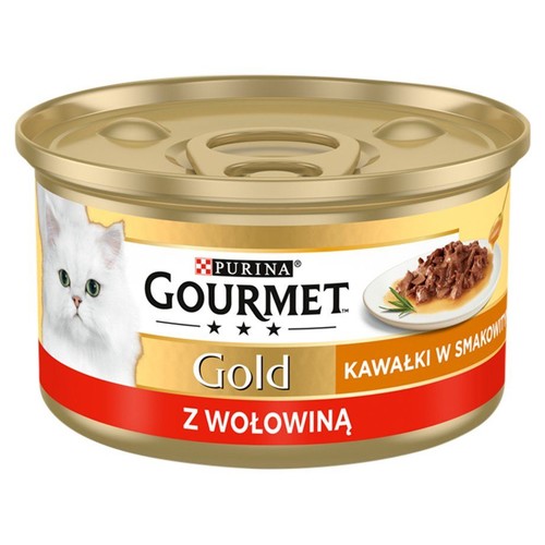 Karma dla kota Gourmet Gold z wołowiną w sosie, 85g. Złota puszka z etykietą przedstawiającą białego kota i kawałki mięsa.
