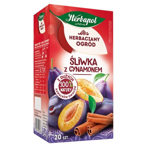 Opakowanie herbaty Herbapol "Herbaciany Ogród" o smaku śliwki z cynamonem. Zawiera 20 torebek.