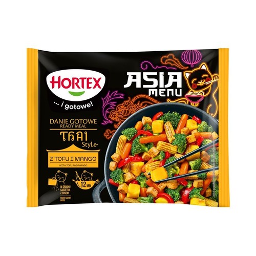 Gotowe danie Hortex Asia Menu Thai Style z tofu i mango. Czarno-żółte opakowanie z ilustracją warzyw i tofu w woku.
