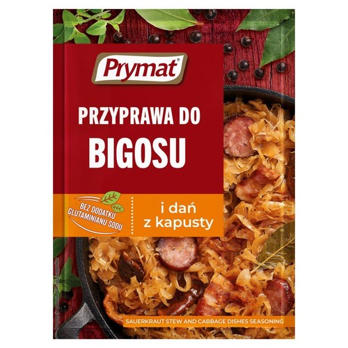 Prymat Przyprawa do Bigosu i dań z kapusty. Opakowanie z grafiką bigosu w garnku. Bez dodatku glutaminianu sodu.