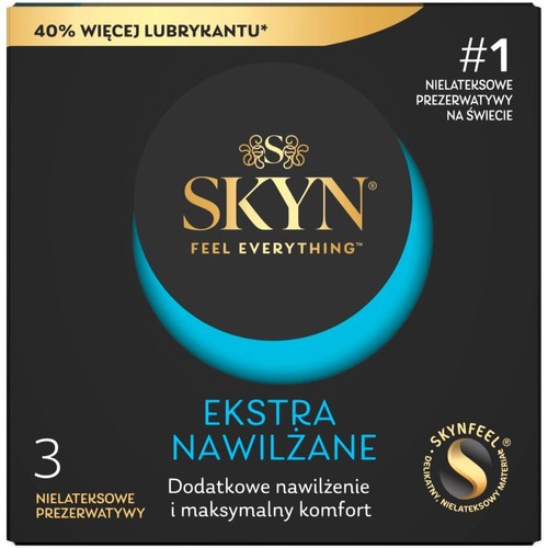 Czarne opakowanie prezerwatyw SKYN, 3 sztuki, nielateksowe. Zapewniają maksymalny komfort i dodatkowe nawilżenie.