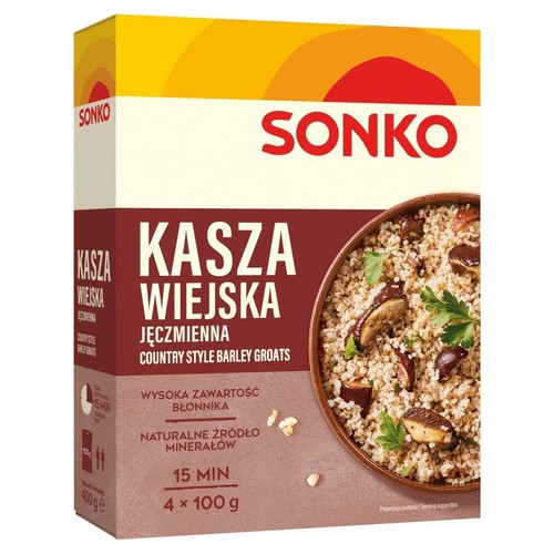 Opakowanie kaszy jęczmiennej Sonko Kasza Wiejska, 4x100g. Na pudełku grafika ugotowanej kaszy z grzybami i natką pietruszki.