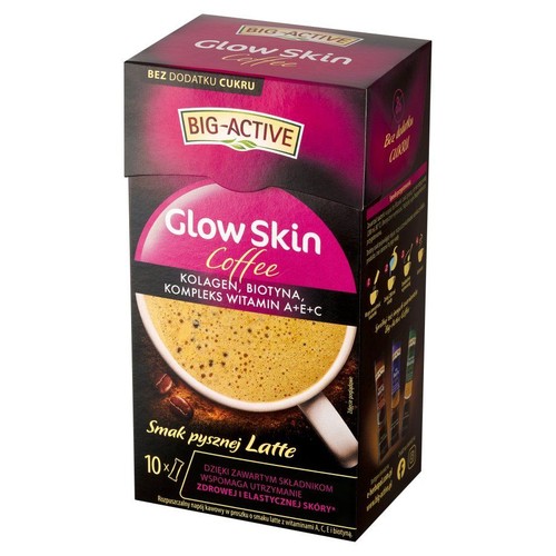 Glow Skin Coffee BIG-ACTIVE, napój kawowy latte bez cukru. Zawiera kolagen, biotynę, witaminy A+E+C dla zdrowej skóry. Opakowanie 10 sztuk.