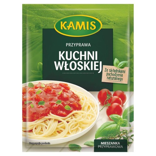 Opakowanie przyprawy Kamis Kuchni Włoskiej. Zielona torebka z grafiką spaghetti z sosem pomidorowym i bazylią.