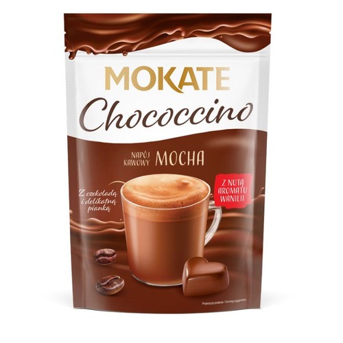 Biało-brązowa torebka Mokate Chococcino Mocha. Napój kawowy z czekoladą, delikatną pianką i aromatem wanilii.