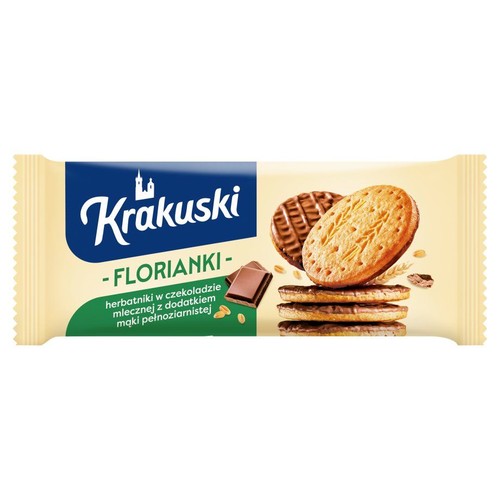 Opakowanie herbatników Krakuski Florianki. Na etykiecie grafika: stos ciastek, czekolada mleczna i ziarna zbóż.