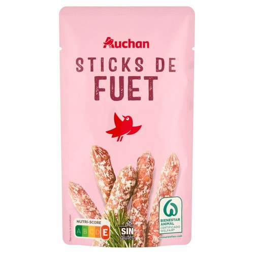 Opakowanie Auchan z grafiką paluszków fuet i gałązkami rozmarynu. Produkt bezglutenowy.