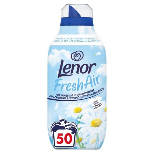 Butelka płynu Lenor Fresh Air, 50 dawek. Etykieta przedstawia chmury i stokrotki. Obietnica świeżości prania suszonego na zewnątrz.
