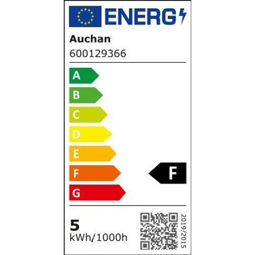 Szczegółowa etykieta energetyczna produktu Auchan, numer 600129366. Prezentuje klasę efektywności energetycznej F oraz zużycie energii wynoszące 5 kWh na 1000 godzin. Widoczny jest również kod QR.