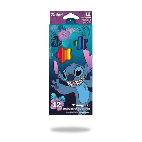 Opakowanie 12 trójkątnych kredek ołówkowych Disney Stitch. Na pudełku widnieje grafika postaci Stitcha, tropikalnych liści i kwiatów. Przez wycięcia w kształcie gwiazd widać kolorowe kredki w odcieniach tęczy.