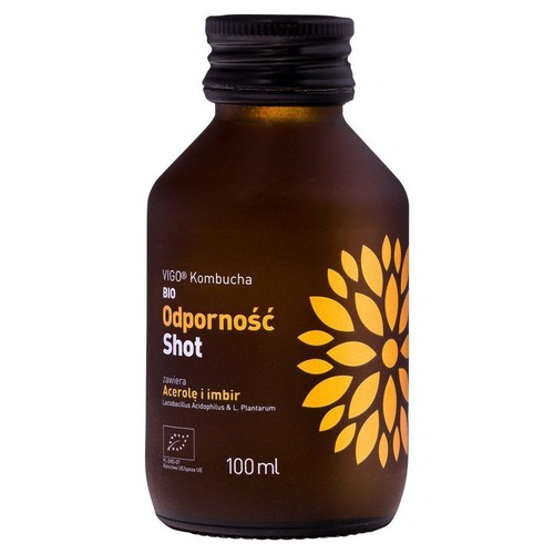 Brązowa butelka VIGO Kombucha BIO Odporność Shot, 100 ml. Z acerolą i imbirem. Na etykiecie żółty kwiatowy wzór.