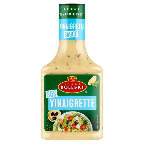 Butelka sosu winegret marki Roleski. Etykieta z napisem "SOS VINAIGRETTE" i grafiką sałatki z oliwkami i serem feta.
