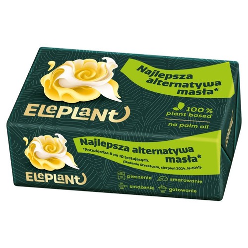 Eleplant, roślinna alternatywa masła w ciemnozielonym opakowaniu. 100% roślinne, bez oleju palmowego. Do pieczenia i smarowania.