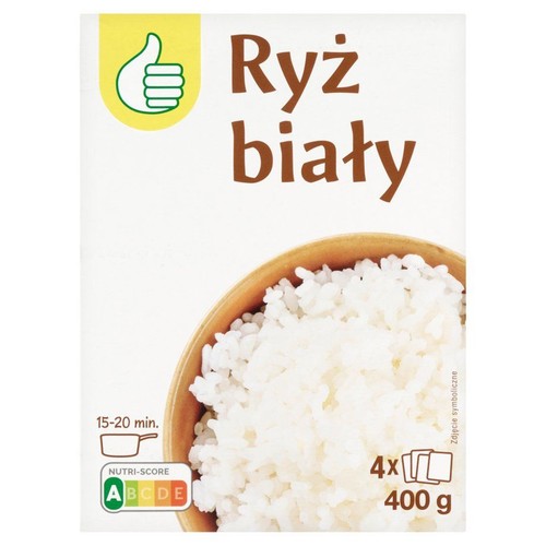 Opakowanie ryżu białego, 4 torebki po 100g, z grafiką miski ugotowanego ryżu. Czas gotowania 15-20 min.