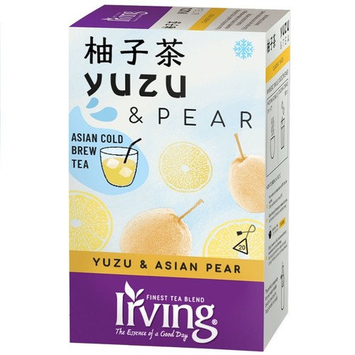 Białe opakowanie herbaty I'rving Yuzu & Pear Asian Cold Brew Tea. Na pudełku grafika owoców yuzu, gruszek i szklanki z herbatą. 20 torebek.
