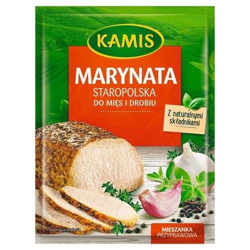 Opakowanie marynaty Kamis Staropolska z naturalnymi składnikami. Grafika przedstawia pieczone mięso i przyprawy.