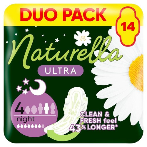 Naturella Ultra Duo Pack, 14 podpasek nocnych. Zapewniają czyste i świeże uczucie o 43% dłużej. Na opakowaniu rumianek.