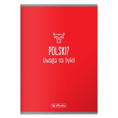 Czerwony zeszyt z białym napisem "POLSKI? Uwaga na byki!" i ikoną byka. Logo Berlitz.
