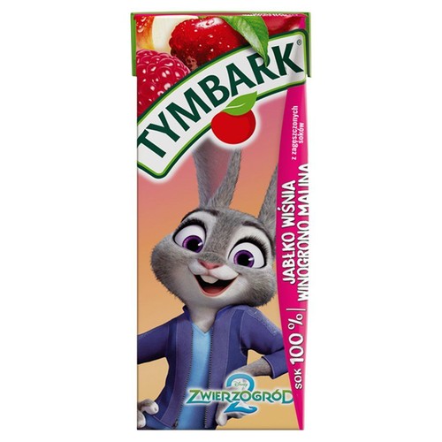 Sok Tymbark 100% jabłko, wiśnia, winogrono, malina. Opakowanie z królikiem Judy Hopps z Disney's Zwierzogród 2.